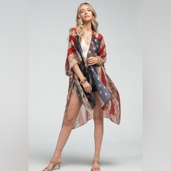 Ruggine American Flag Print 4th July Sheer Kimono Side Slits One Size - Picture 7 of 10